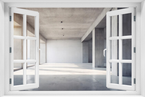 Empty concrete interior flooded with bright sunlight, minimalist design