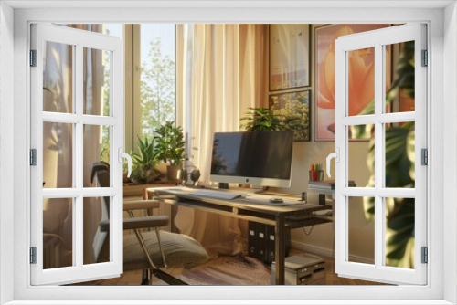 A serene, photorealistic hybrid workspace blending home comforts with professional gear, bathed in natural light for peak productivity. AI generated