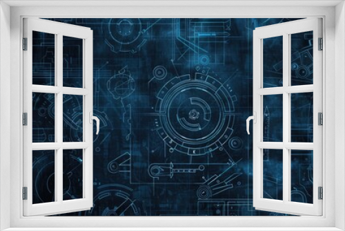 a background texture for a website hero section. primary color dark blue. in the style of arcthitecture blueprints and schematics. include themes of locks, gears, pistons, safes, privacy 
