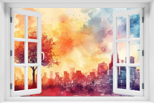 Colorful Cityscape with Watercolor Tree Illustration Generative AI