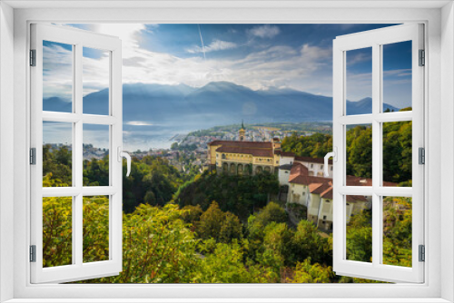 The village of Locarno on the Lago Maggiore, Kanton Ticino, Church Madonna del Sasso, Orselina, Switzerland. Site of Roman Catholic pilgrimage founded after a vision of the Virgin Mary appeared 1480