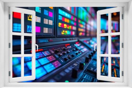 Behind the scenes view of a broadcast control room, filled with multicolored calibration screens