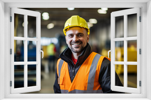  Smiling european man at work in a factory. Worker recruitment. Job offer. Work in industry. Jobs in a factory. Factory in Europe.