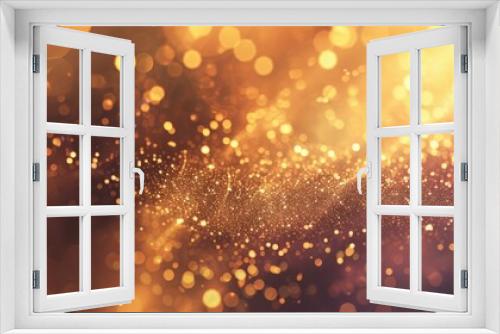 This image depicts rain drops on a window, creating a blurry effect. The drops appear scattered and layered, distorting the view outside. The golden bokeh shapes add a shimmering texture to the
