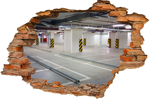 Interior underground parking for car, located under house, residential building