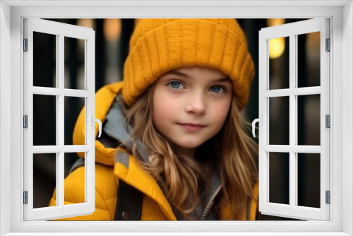 Portrait of a beautiful little girl in a yellow hat and coat