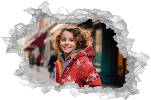 Outdoor portrait of cute little girl in red jacket on the street