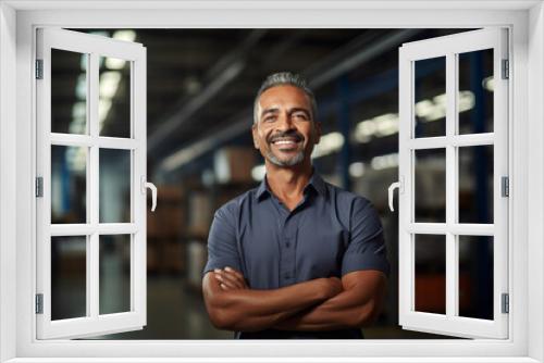 Male warehouse worker portrait standing with arms crossed in warehouse storage. Generative AI.