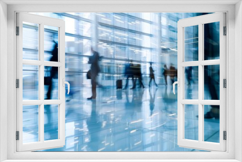 Blurred office and workplace background. Blurred view of a group of business people walking through a busy lobby.