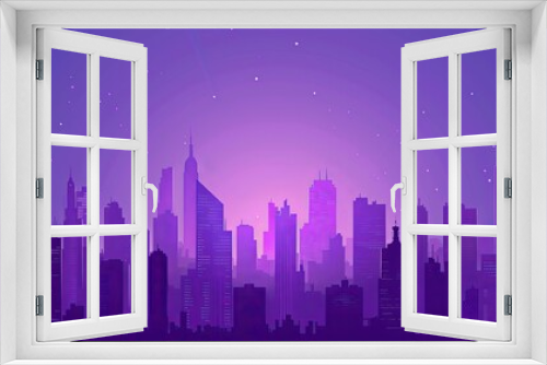 Purple twilight descends on a minimalist city: Iconic silhouettes and whimsical design in a serene skyline illustration.