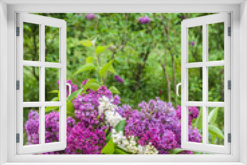 Fototapeta Naklejka Na Ścianę Okno 3D - Bouquet of lilac on the table in the garden
