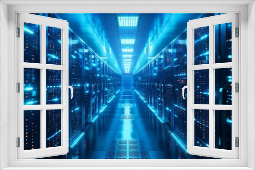 A sleek, high-tech data center bustling with the activity of cloud computing and cloud services