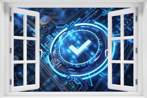 A striking hologram of a blue overflowing checkmark is centered over a complex digital circuitry