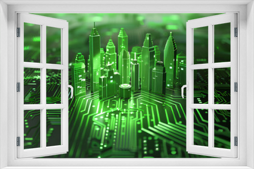 Smart City Concept on Circuit Board Design
. A futuristic representation of a smart city with skyscrapers integrated into a green circuit board landscape.

