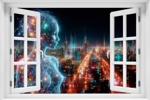 Cyborg woman with glowing digital hologram and cityscape background 3D rendering