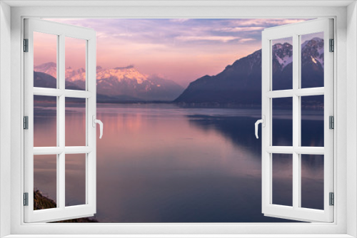 Fototapeta Naklejka Na Ścianę Okno 3D - Evening Lake Geneva and the Alps 