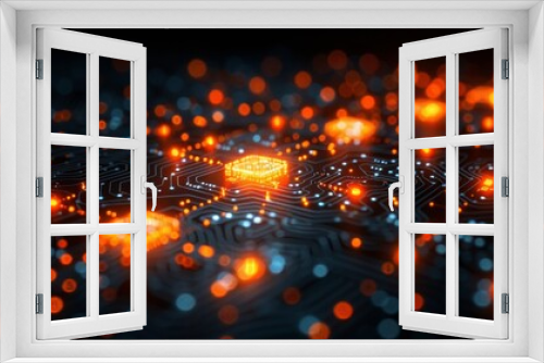 Futuristic Circuit Board with Glowing Orange Nodes Symbolizing Advanced Technology and Data Processing