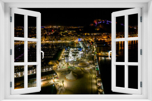 Fototapeta Naklejka Na Ścianę Okno 3D - Alicante by night view from drone above marine, Spain