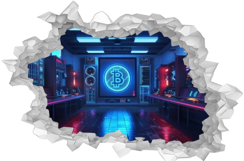 Cryptocurrency mining operation with servers and digital displays