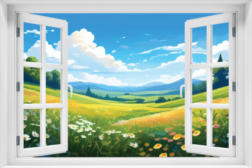 Fototapeta Naklejka Na Ścianę Okno 3D - Colorful Flower Field with a Blue Sky. Beautiful field landscape with colorful Flowers and blue sky. Spring flowers and a grassy meadow. vector illustration.                                     