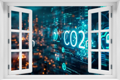 a high tech banner design with  the text  CO2. with renewable energy icons 
