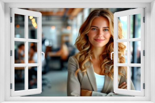 young businesswoman in a light business suit stands in a modern office