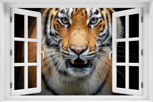 Fototapeta Naklejka Na Ścianę Okno 3D - Close adult tiger portrait. Animal on dark background