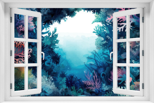 Fototapeta Naklejka Na Ścianę Okno 3D - Underwater scene with coral reef, fish and seaweed. Vector watercolor illustration.