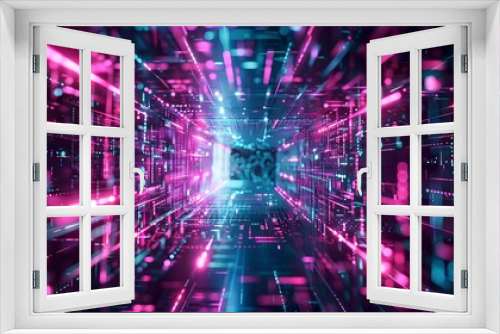 digital matrix hologram backdrop, vibrant cyan and magenta circuit in motion