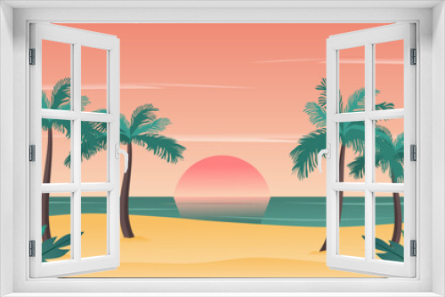 Fototapeta Naklejka Na Ścianę Okno 3D - Sunset on the beach with palm trees. Vector illustration.