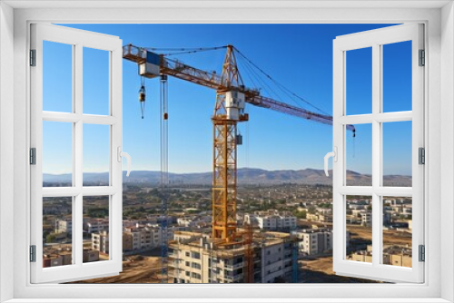 A crane and a building under construction against a blue sky background. Builders work on large construction sites, and there are many cranes working in the field of new construction.