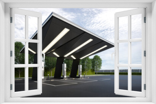 Fototapeta Naklejka Na Ścianę Okno 3D - Electric vehicle fast charging station. 3d rendering of abstract architecture with sky background.