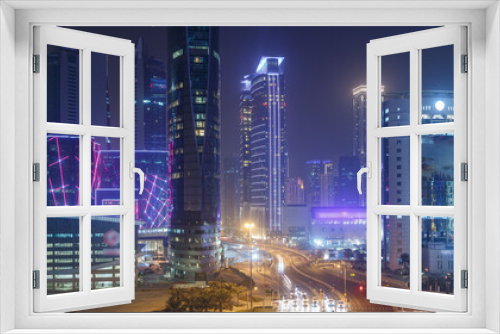 Fototapeta Naklejka Na Ścianę Okno 3D - The skyline of the West Bay area from top in Doha timelapse, Qatar.