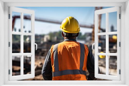 Back view of worker in orange safety vest and yellow helmet overseeing construction site