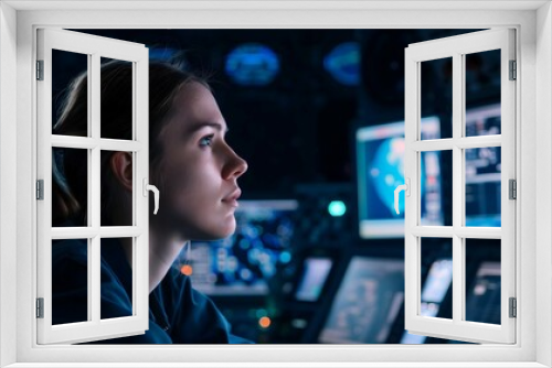 Diligent caucasian female aerospace engineer monitoring computer systems, development of aircraft and spacecraft