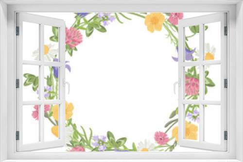 Fototapeta Naklejka Na Ścianę Okno 3D - round wreath with with wild chamomile, field flowers, vector drawing plants at white background, floral design, hand drawn botanical illustration