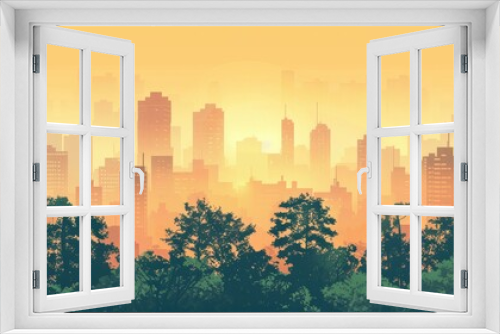 A vibrant vector illustration of a cityscape, enhanced with lush trees for a touch of nature