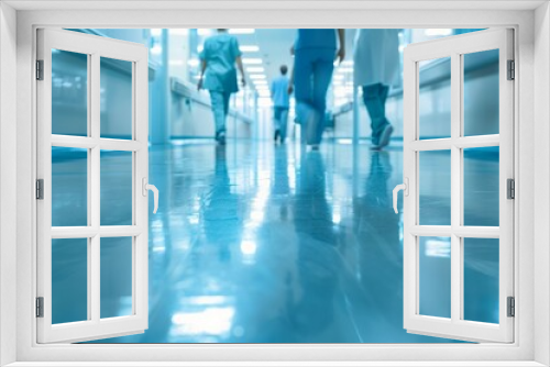 A group of people are walking down a hallway in a hospital