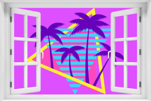Fototapeta Naklejka Na Ścianę Okno 3D - Palm trees in the futuristic style of the 80s. Triangle with silhouettes of tropical palm trees synthwave 80s. Design for banners and posters, advertising products. Vector illustration