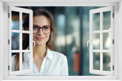 A woman wearing glasses standing in front of a glass wall. Ideal for business presentations