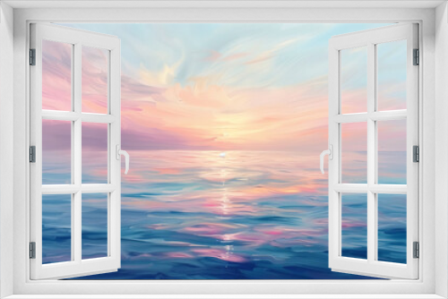 A painting of a sunset over the ocean with a pink and blue sky
