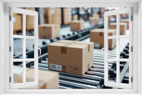 Cardboard box packages on conveyor belt.