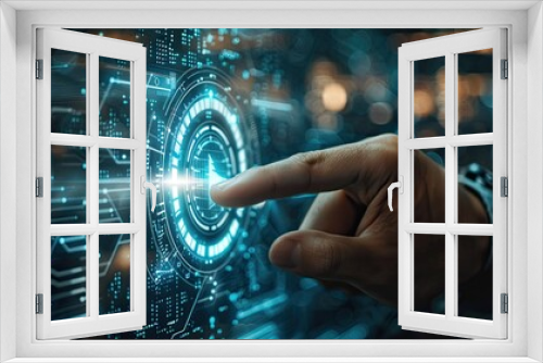 A person touches with his fingers a holographic screen with futuristic graphics, with security icons and padlocks, internet security concept.