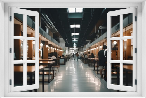 Food court or foodcourt interior blurred background. May called restaurant or canteen include coffee shop with table