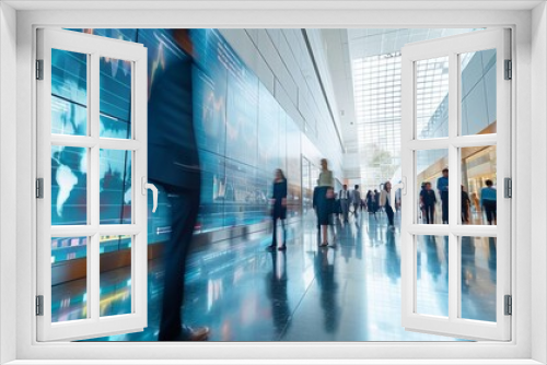 Fast movement of business people in A bustling corporate lobby with business professionals networking, exchanging ideas beside a digital interactive wall displaying real-time market analytics