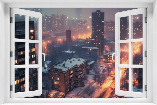 Snowy Evening Cityscape with Warm Glowing Lights