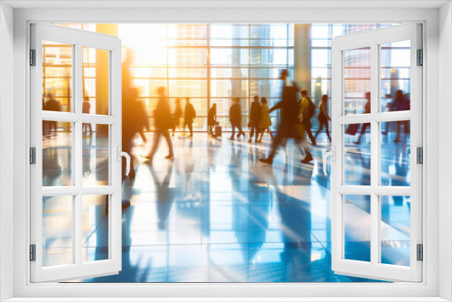 Abstract defocused shapes of office business people. Bright business workplace with people in walking in blurred motion in modern office space, Ai generated image