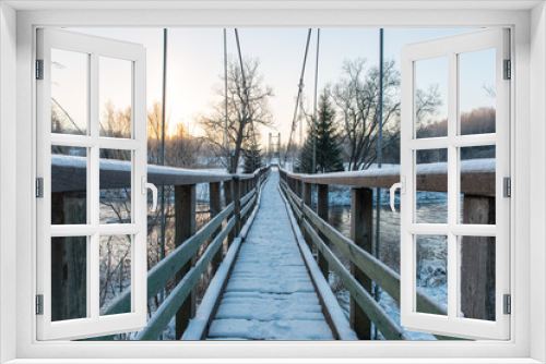 Fototapeta Naklejka Na Ścianę Okno 3D - snowy winter forest landscape with bridge