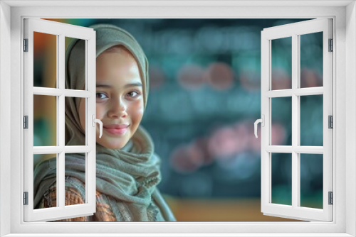 A young girl wearing a scarf is smiling at the camera