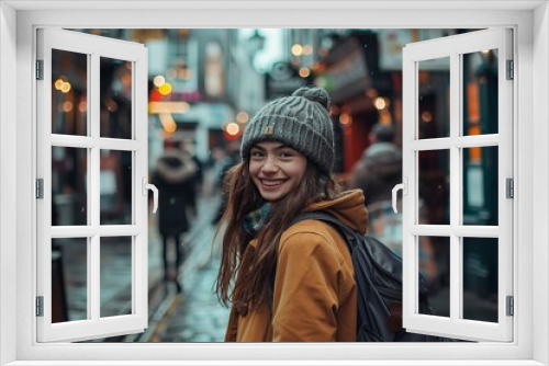 Woman Walking Down Wet Street in Rain